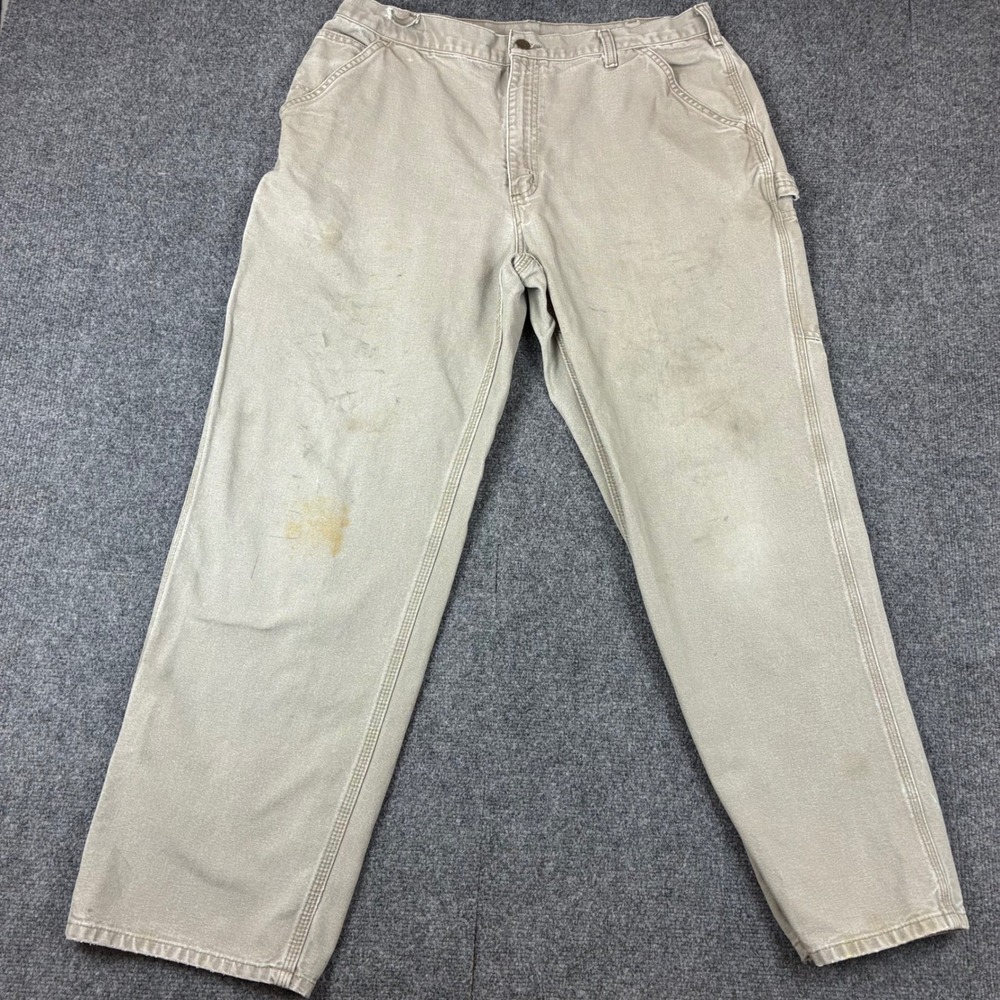 Carhartt Mens Tan Canvas Carpenter Work Pants Hammer‎ Loop Distressed 35x30